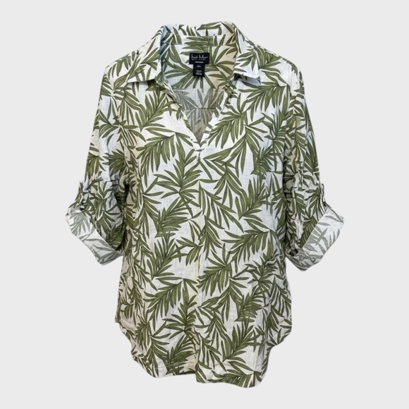 Nicole Miller Tops - Nicole Miller Shirt Top Blouse 100% Linen Tropical White Green Womens 1x Beach